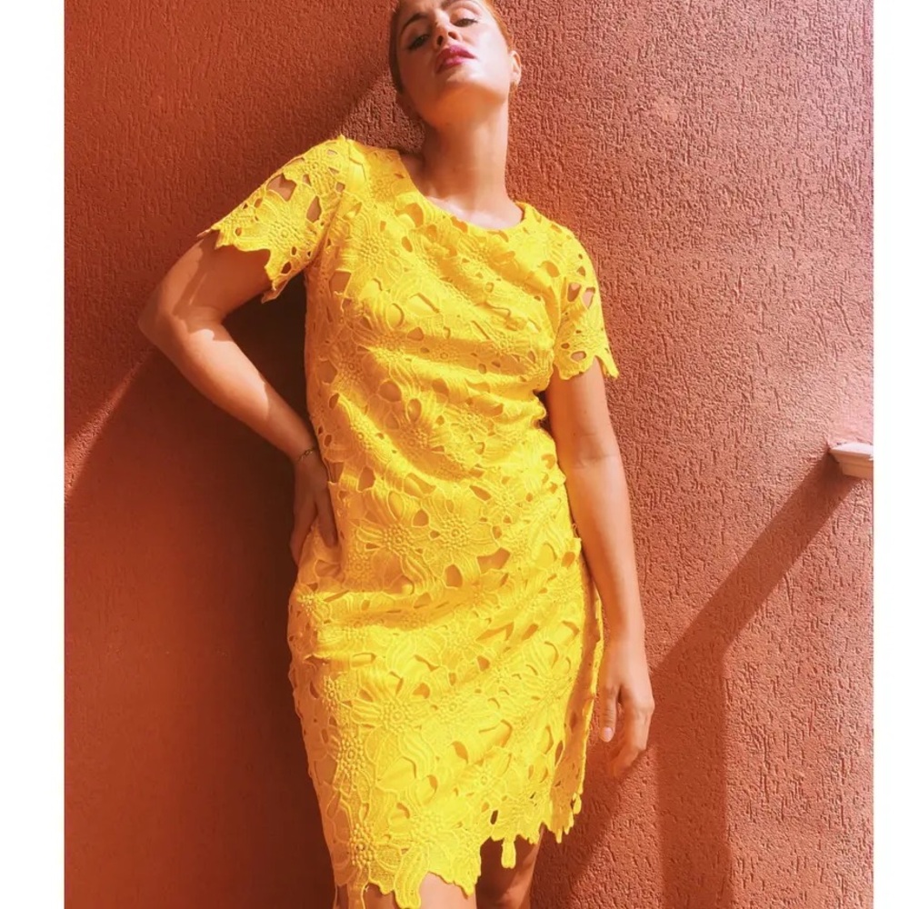 Calvin Klein yellow crochet lace sheath dress